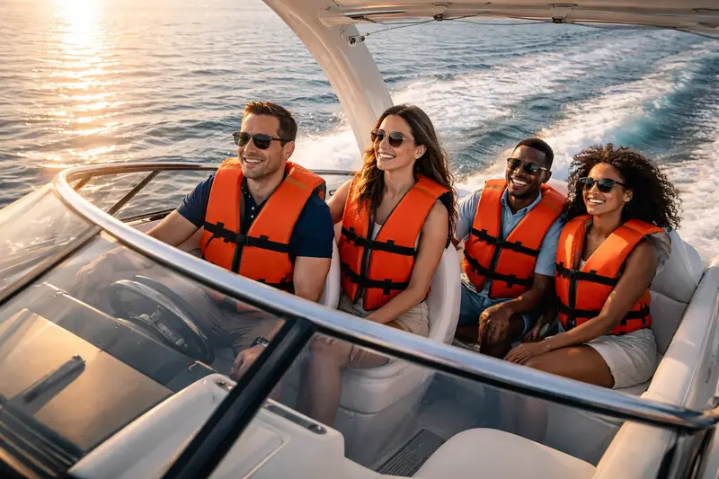 Reddingsvesten verplicht op een speedboot.